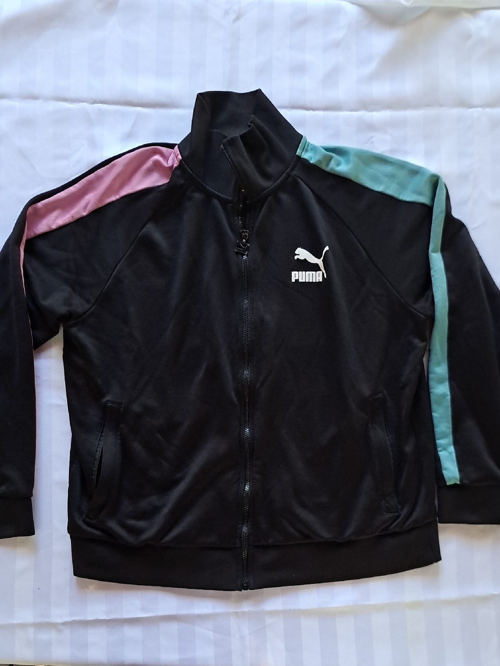 Puma Black Zip-Up Jacket with Pink and Teal Shoulder Stripes